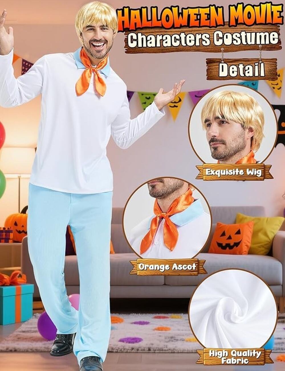 Scooby-Doo Fred Men’s 4 Halloween Costume Medium Detective Set Outfit & Wig XL